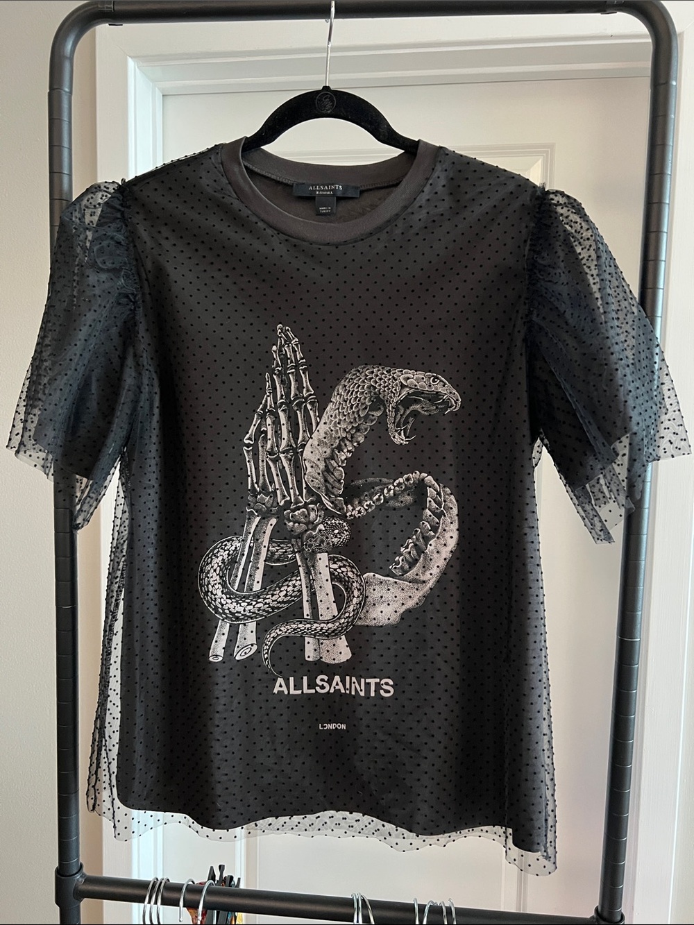 ALLSAINTS Goth Alt Skeleton Snake Tommy Polka Dot Mesh Relaxed Fit Tee size XS